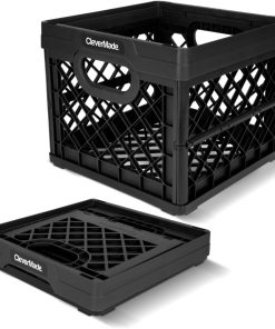 CleverMade Collapsible Milk Crate 25L (6.6 Gal). 50 lb Capacity Heavy Duty Folding Crate – Stackable Storage Crates with File Rails. Plastic Collapsible Crates - Obsidian