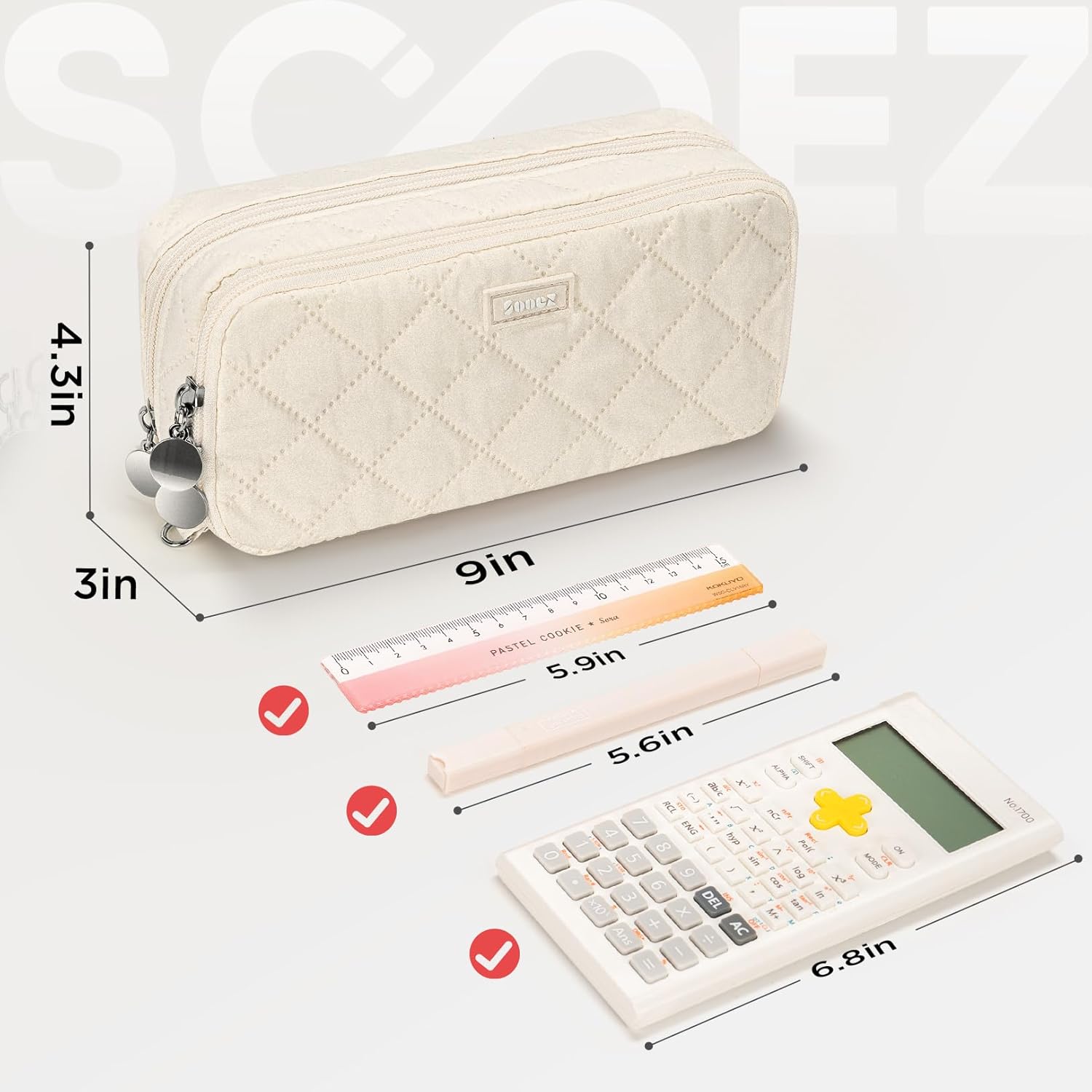 Sooez Large Pencil Case Pouch. Extra Big Pencil Bag with 8 Compartments. Pen Bag Wide Opening. Soft Quilted Pencil Pouch Organizer with Zipper. Portable Pencil Case for Teen Girls. Beige - Image 5