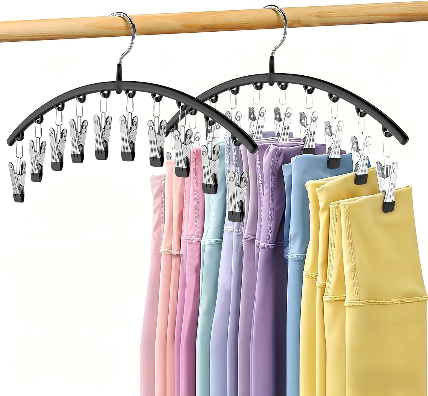 Volnamal Legging Organizer for Closet.2 Pack Metal Yoga Pants Hangers w/10 Clips Hold 20 Leggings.Space Saving Hanging Closet Organizer Clothes Hanger College Dorm Essentials Apartment Essential.Black