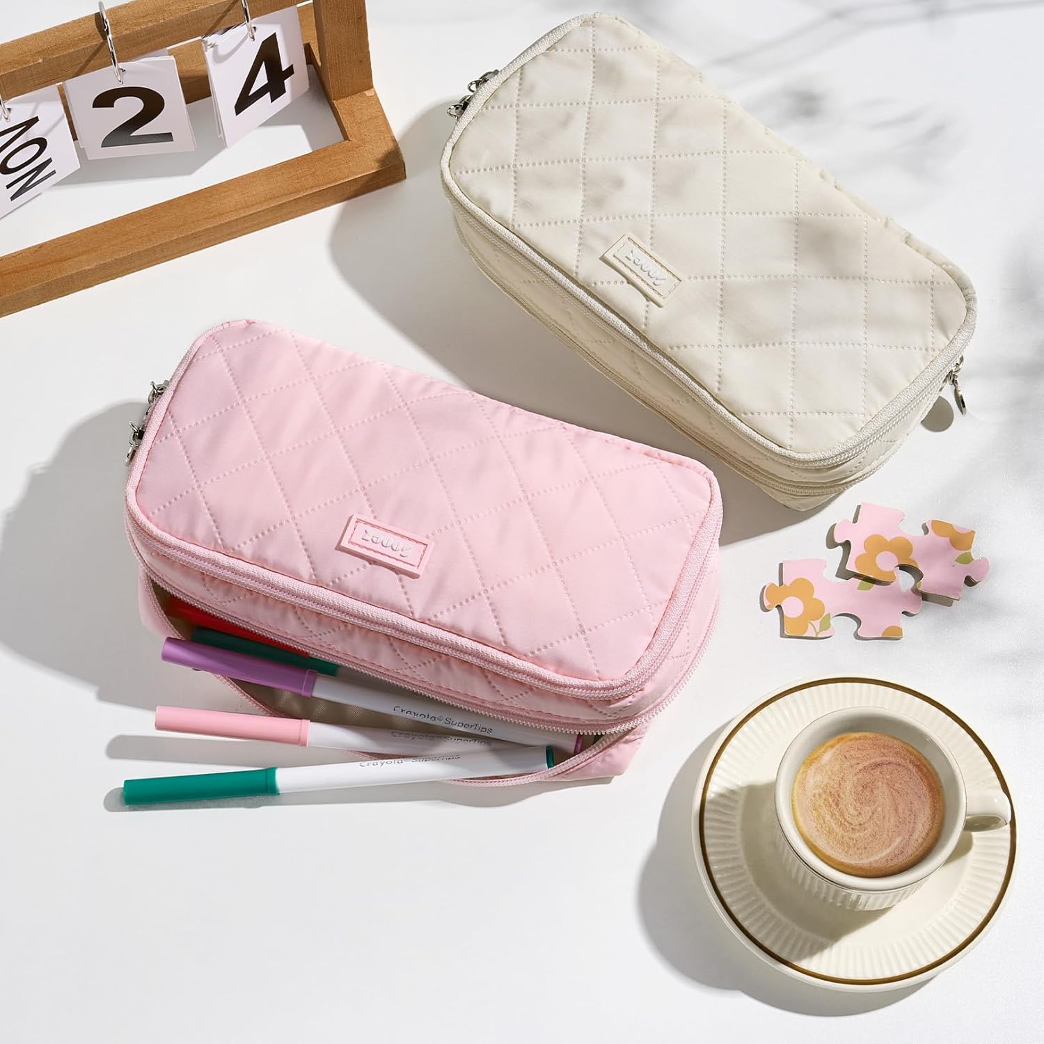 Sooez Large Pencil Case Pouch. Extra Big Pencil Bag with 8 Compartments. Pen Bag Wide Opening. Soft Quilted Pencil Pouch Organizer with Zipper. Portable Pencil Case for Teen Girls. Beige - Image 6