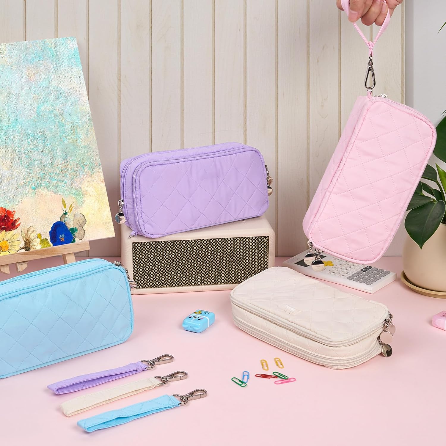 Sooez Large Pencil Case Pouch. Extra Big Pencil Bag with 8 Compartments. Pen Bag Wide Opening. Soft Quilted Pencil Pouch Organizer with Zipper. Portable Pencil Case for Teen Girls. Beige - Image 7
