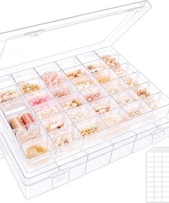 2 Pack Clear Bead Organizer Tackle Box with Adjustable Dividers for Jewelry Art Craft Containers 36 Grids Compartment with 5 Sheets Label Stickers