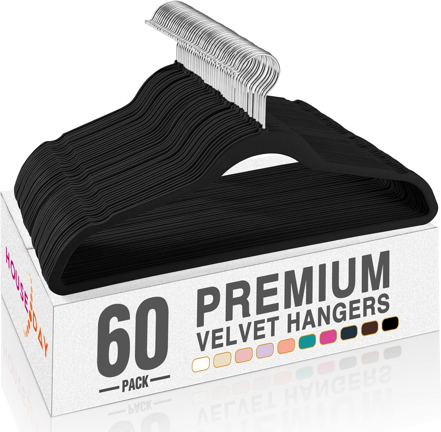 HOUSE DAY Black Velvet Hangers 60 Pack. Non Slip Clothes Felt Hanger Heavy Duty for Coat. Premium Slim Space Saving Suit Hangers for Closet Organizer. 360° Rotating Silver Hook
